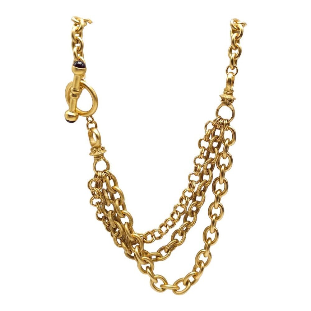 Multi-Strand Chunky Matte Gold Tone Chain Necklace With Toggle Clasp Gemstone Ac